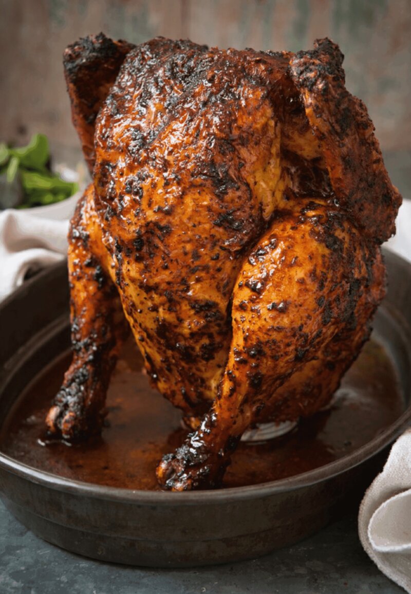 Whole roasted chicken with a crispy, seasoned skin, standing upright in a black roasting pan, resembling the mouthwatering Beer Can Chicken from a Hairy Bikers recipe, with herbs in the background.