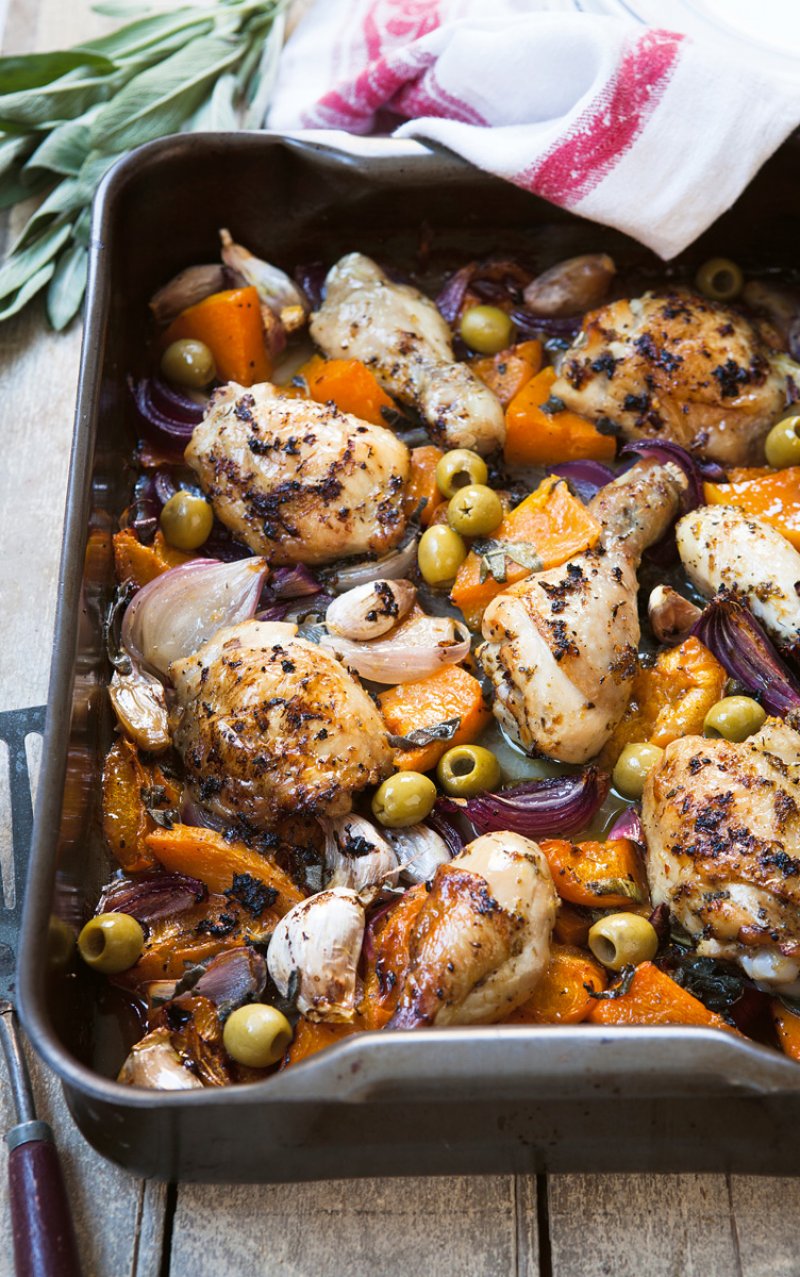 Chicken and  Sage Traybake presented in a rectangular oven dish