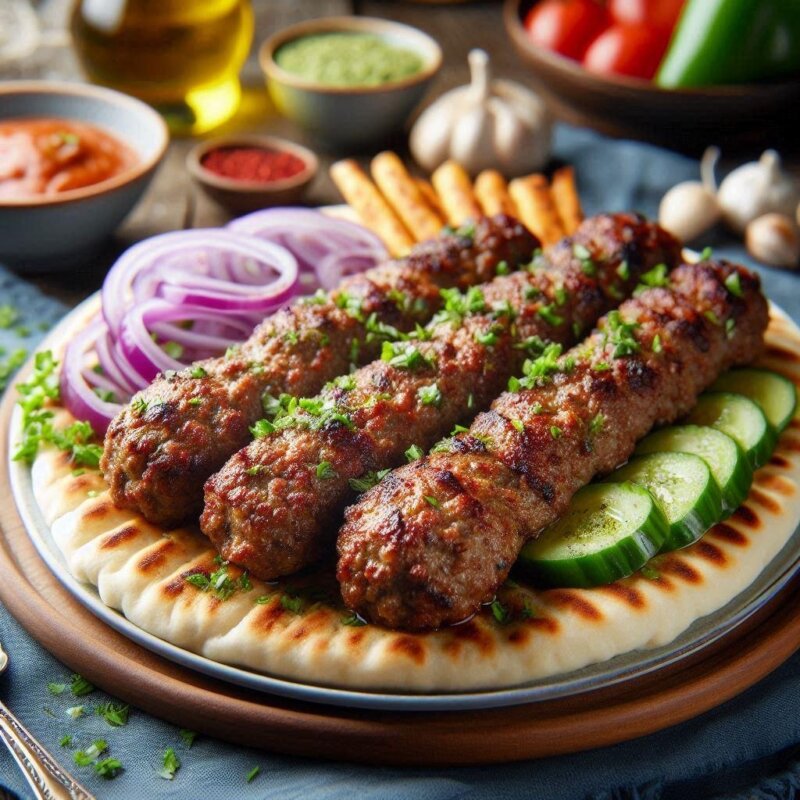 Grilled kofte kebabs served on flatbread with sliced cucumbers and red onions, garnished with herbs. Inspired by a Hairy Bikers recipe, these spicy Middle-eastern treats come with assorted dips and vegetables in the background.