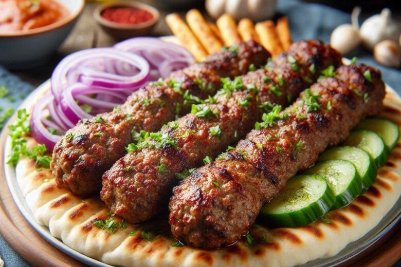 Grilled kofte kebabs served on flatbread with sliced cucumbers and red onions, garnished with herbs. Inspired by a Hairy Bikers recipe, these spicy Middle-eastern treats come with assorted dips and vegetables in the background.