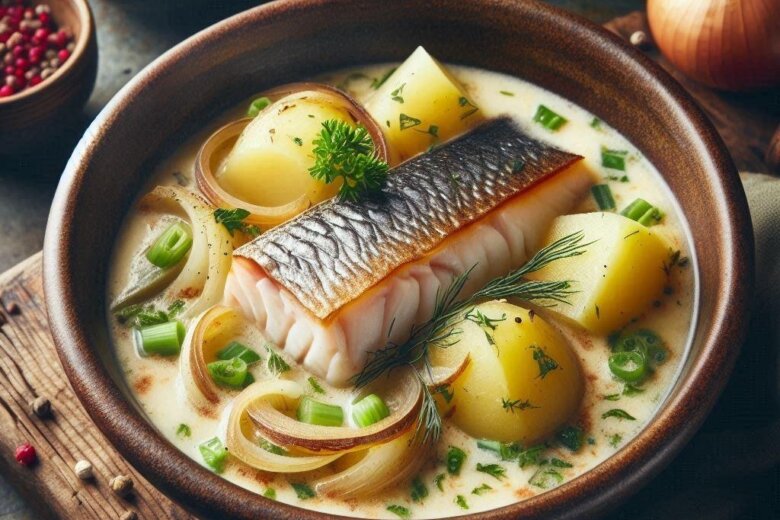 A wooden bowl filled with delicious Cullen Skink, featuring a piece of cooked fish, potatoes, onions, and garnished with herbs. The dish is surrounded by various spices, a whole onion, and fresh greenery—from the Haiy Bikers Food Tour of Britain.