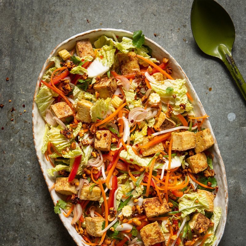 A Thai Tofu Salad packed with crunchy carrots and wholesome tofu from the Hairy Bikers' Simple Healthy Food cookbook.