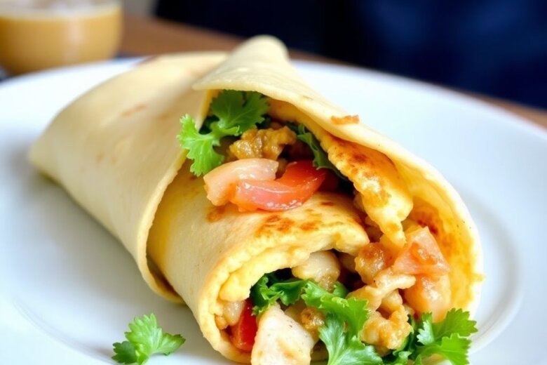 On a pristine white plate, a Yorkshire pudding wrap teems with succulent chicken, ripe tomatoes, and fresh cilantro. In the backdrop, a glass stands sentry—a setting even the Hairy Bikers would relish.